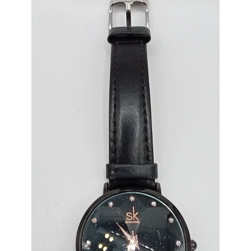 Shengke Women's Black Prism Crystal Leather‎ Band Quartz Watch- New Battery